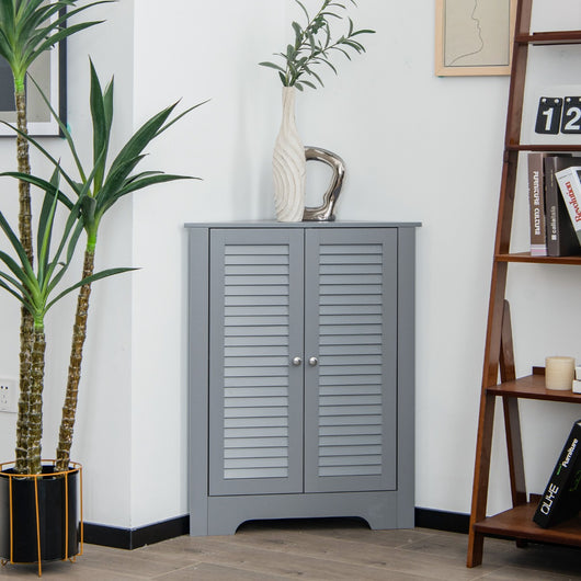 Mobiletto angolare a 3 livelli con 2 ante ripiano regolabile, Organizer salvaspazio da pavimento Grigio-Armadietti da bagno