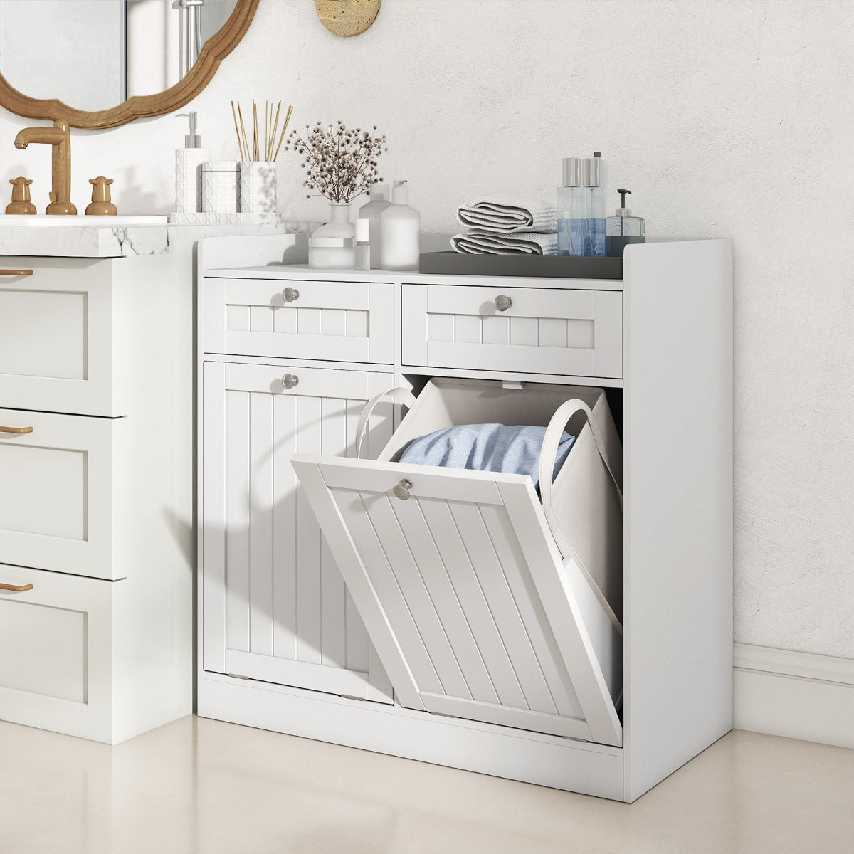 Mobiletto con cesto per biancheria doppio con 2 cesti, Mobiletto con cesto mobile da bagno indipendente Bianco-Cesti del bucato