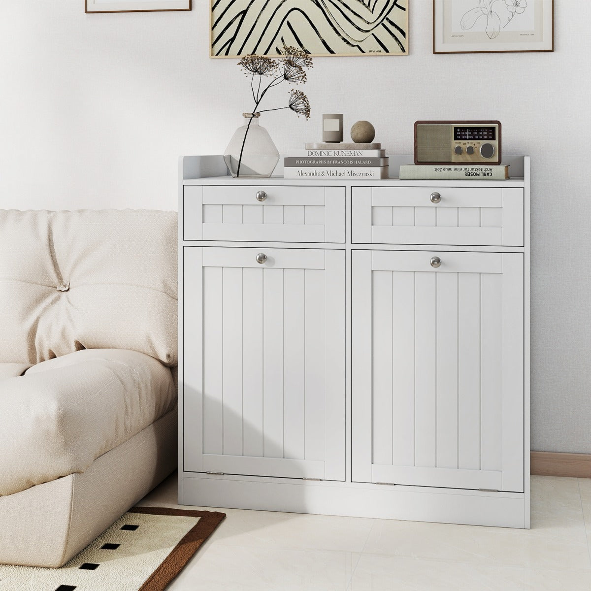 Mobiletto con cesto per biancheria doppio con 2 cesti, Mobiletto con cesto mobile da bagno indipendente Bianco-Cesti del bucato