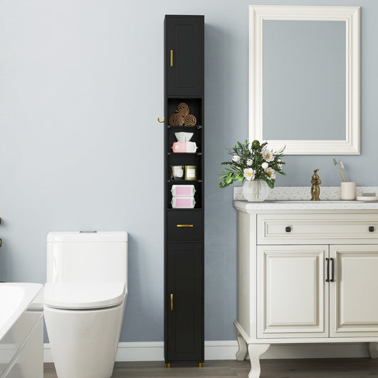 Mobiletto da bagno 181 cm organizzatore con 2 ante ripiani regolabili, Mobiletto da bagno 3 ripiani vetro temperato Nero-Armadietti da bagno
