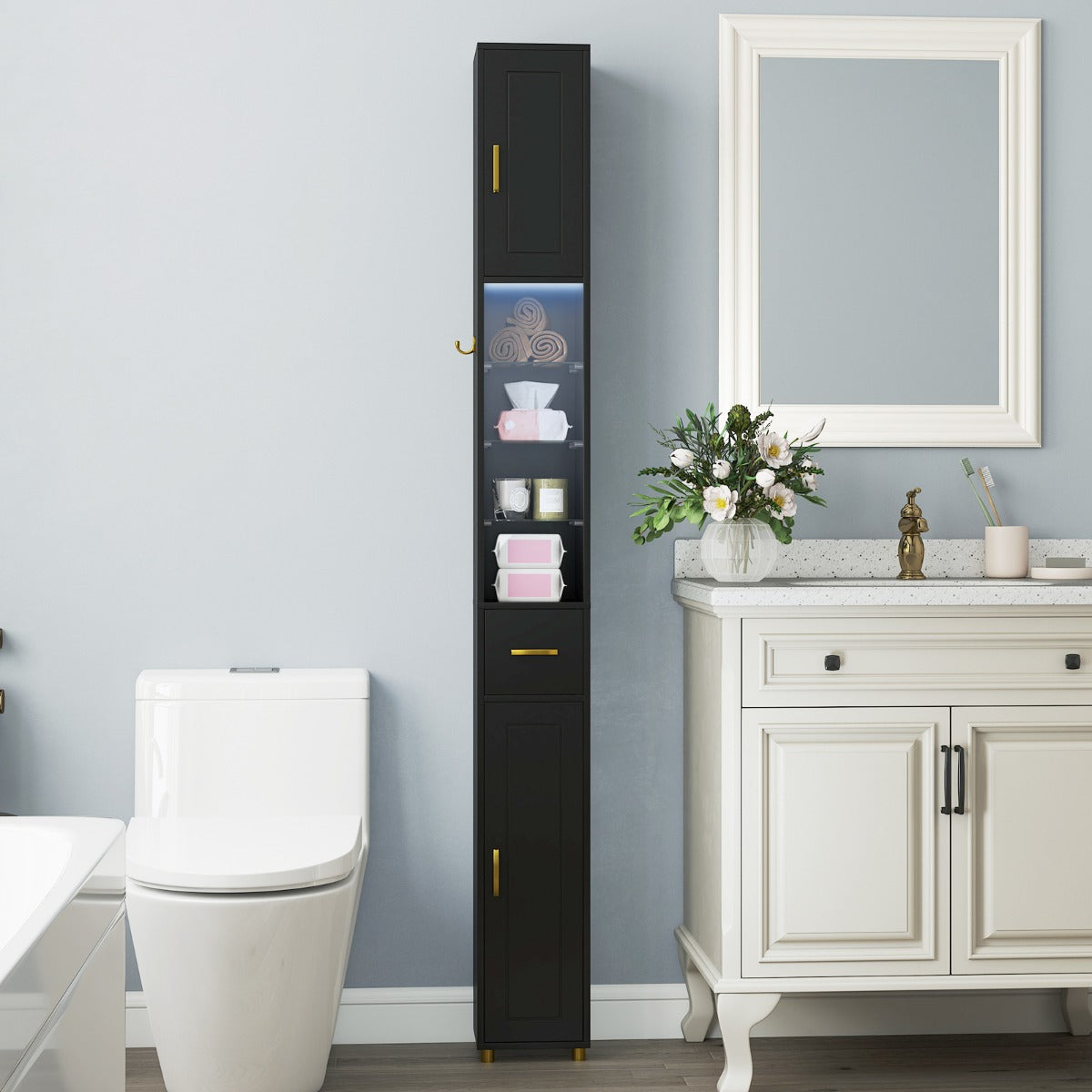 Mobiletto da bagno 181 cm organizzatore con 2 ante ripiani regolabili, Mobiletto da bagno 3 ripiani vetro temperato Nero-Armadietti da bagno