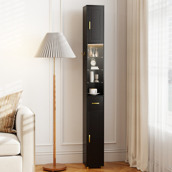 Mobiletto da bagno 181 cm organizzatore con 2 ante ripiani regolabili, Mobiletto da bagno 3 ripiani vetro temperato Nero-Armadietti da bagno