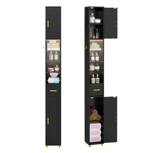 Mobiletto da bagno 181 cm organizzatore con 2 ante ripiani regolabili, Mobiletto da bagno 3 ripiani vetro temperato Nero-Armadietti da bagno