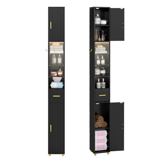 Mobiletto da bagno 181 cm organizzatore con 2 ante ripiani regolabili, Mobiletto da bagno 3 ripiani vetro temperato Nero-Armadietti da bagno