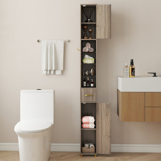 Mobiletto da bagno 181 cm organizzatore con 2 ante ripiani regolabili, Mobiletto da bagno 3 ripiani vetro temperato Grigio-Armadietti da bagno
