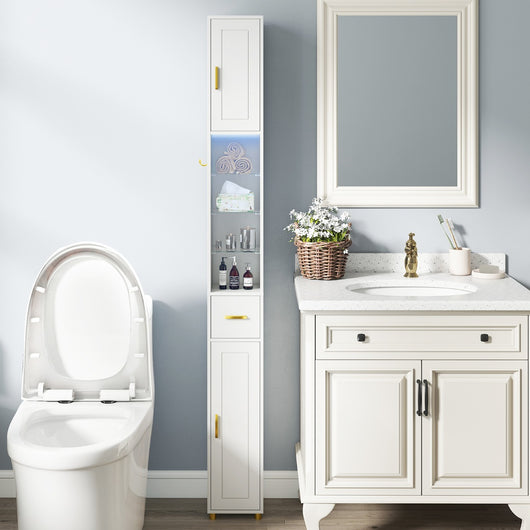 Mobiletto da bagno 181 cm organizzatore con 2 ante ripiani regolabili, Mobiletto da bagno 3 ripiani vetro temperato Bianco-Armadietti da bagno