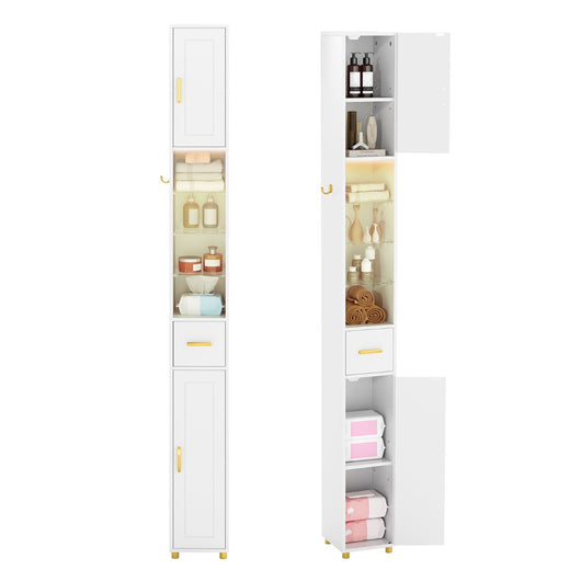 Mobiletto da bagno 181 cm organizzatore con 2 ante ripiani regolabili, Mobiletto da bagno 3 ripiani vetro temperato Bianco-Armadietti da bagno