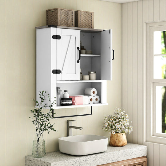 Organizer da muro sopra il WC con ante a botte per lavanderia, Mobiletto da parete per bagno con porta asciugamani-Armadi da parete