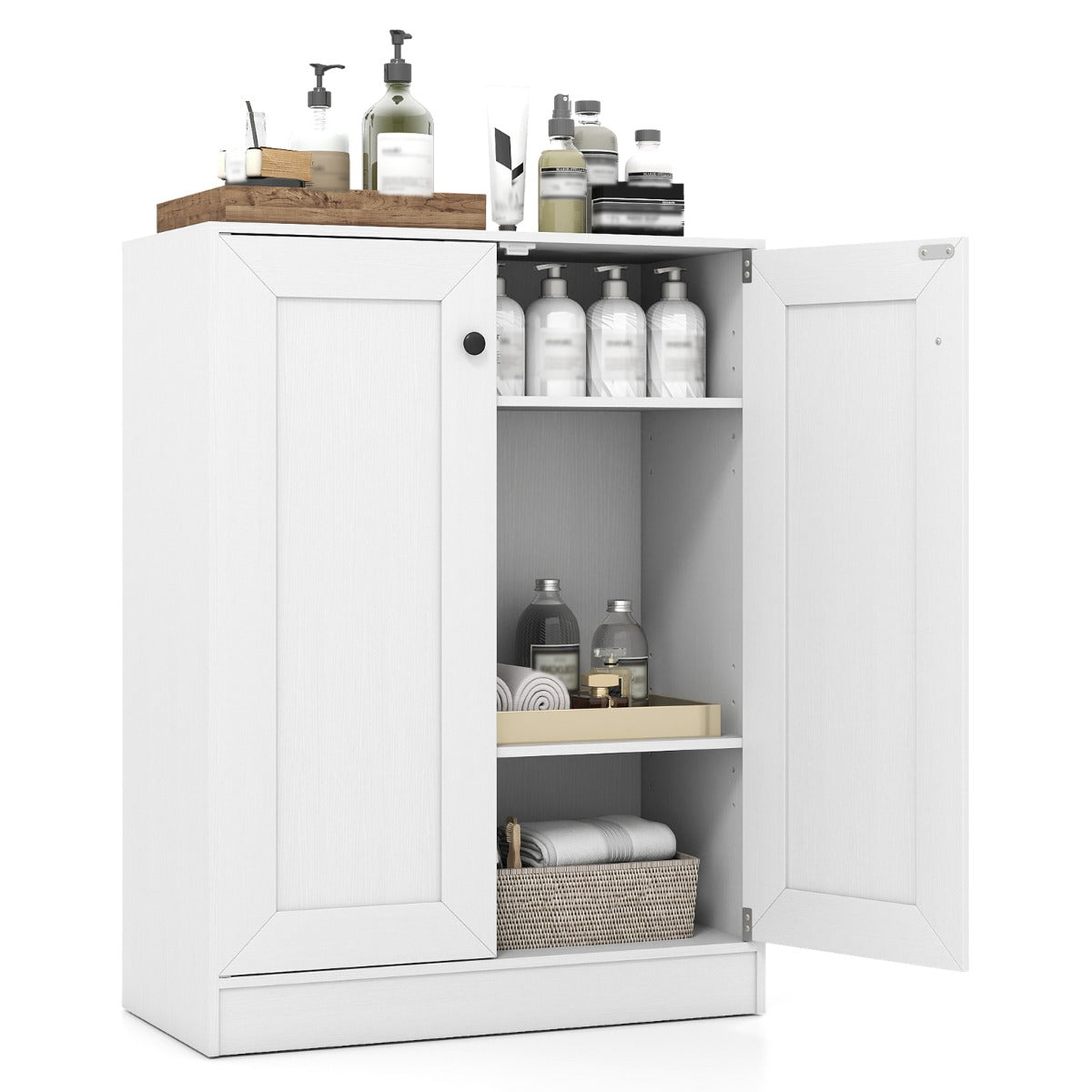 Mobiletto da pavimento per bagno organizzatore in legno con ante e ripiani regolabili, Mobiletto credenza indipendente-Armadietti da bagno