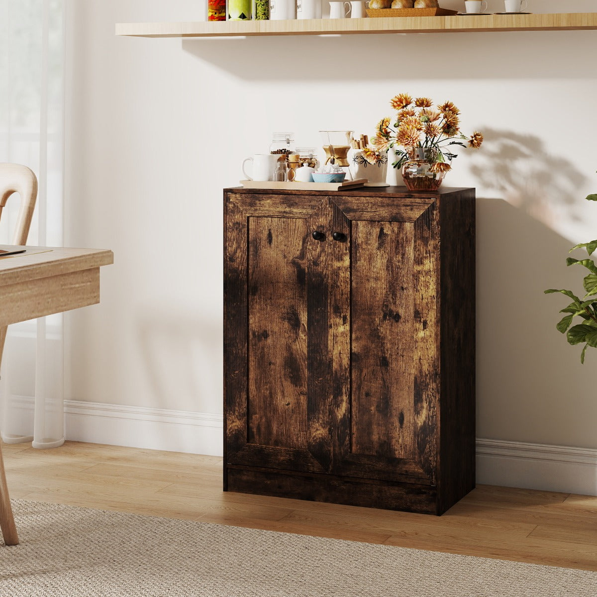 Mobiletto da pavimento per bagno organizzatore in legno con ante e ripiani regolabili, Mobiletto credenza indipendente Marrone-Armadietti da bagno