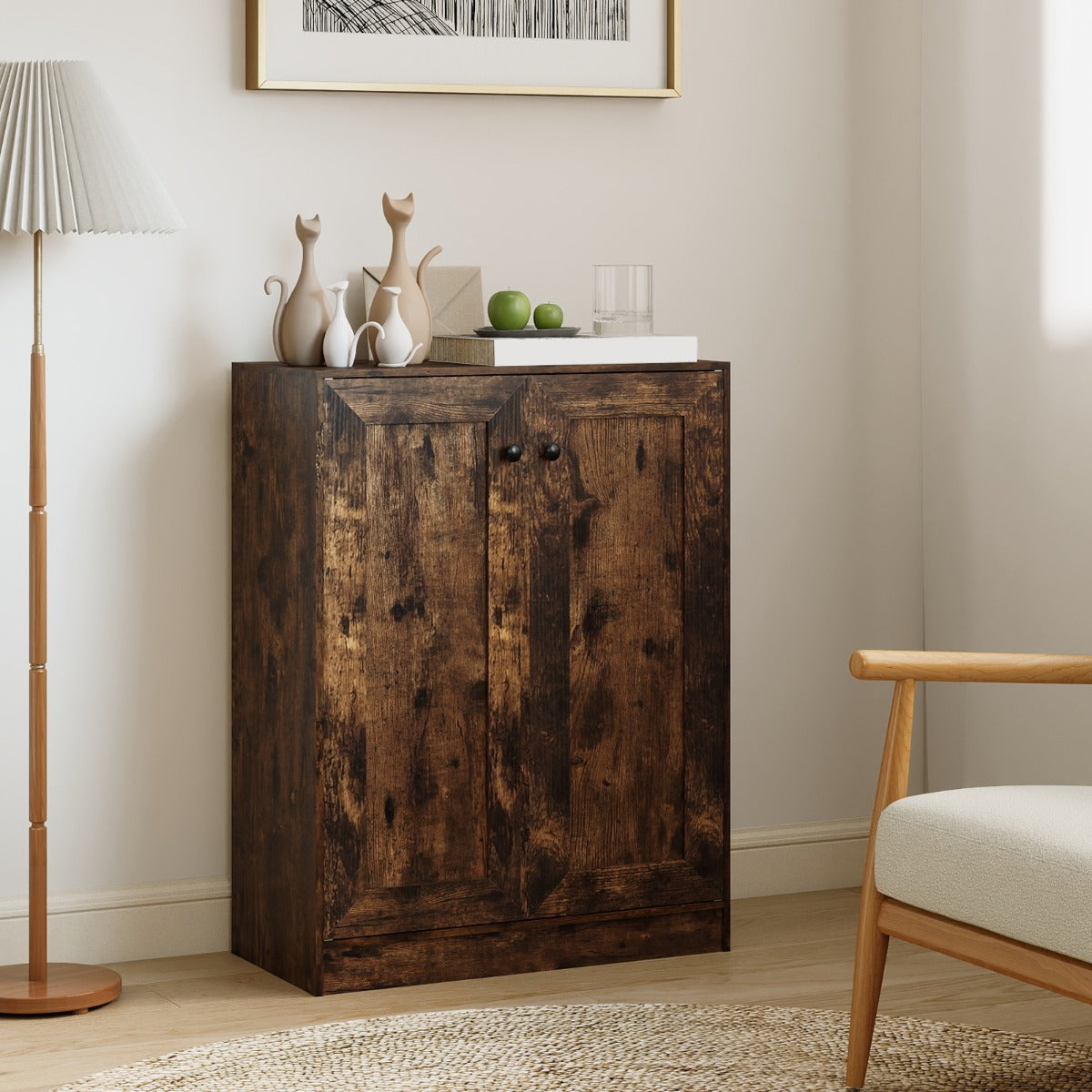 Mobiletto da pavimento per bagno organizzatore in legno con ante e ripiani regolabili, Mobiletto credenza indipendente Marrone-Armadietti da bagno