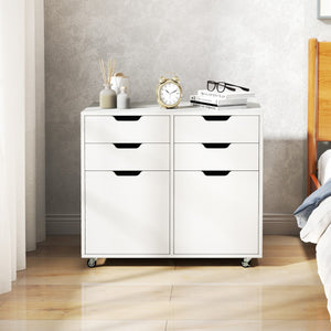 Mobiletto di stoccaggio in legno con 5 ruote universali, Supporto per stampante con 4 cassetti per ufficio Bianco-Cassettiere