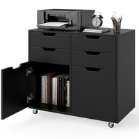 Mobiletto di stoccaggio in legno con 5 ruote universali, Supporto per stampante con 4 cassetti per ufficio Nero-Cassettiere