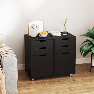 Mobiletto di stoccaggio in legno con 5 ruote universali, Supporto per stampante con 4 cassetti per ufficio Nero-Cassettiere