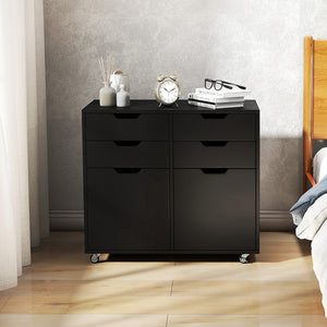 Mobiletto di stoccaggio in legno con 5 ruote universali, Supporto per stampante con 4 cassetti per ufficio Nero-Cassettiere