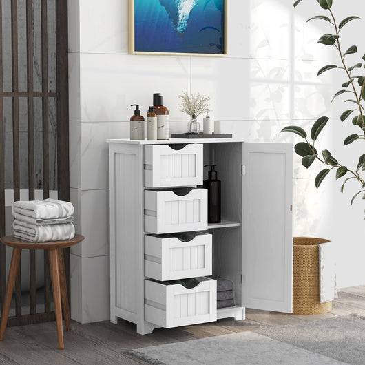 Mobiletto per bagno con 4 cassetti 1 anta ripiano regolabile, Mobile multiuso da terra in legno 56x30x82cm Bianco-Armadietti da bagno