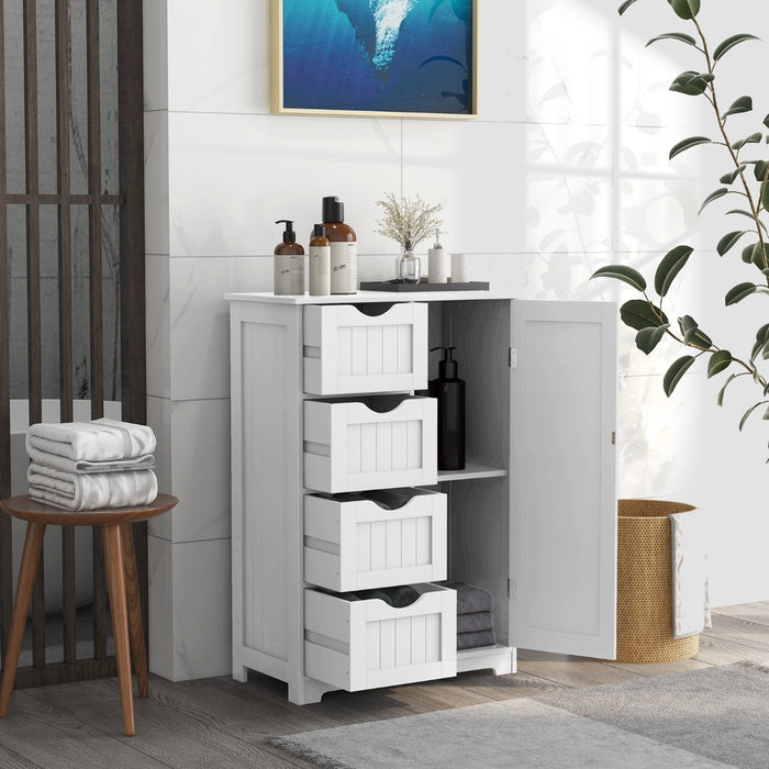 Mobiletto per bagno con 4 cassetti 1 anta ripiano regolabile, Mobile multiuso da terra in legno 56x30x82cm Bianco-Armadietti da bagno