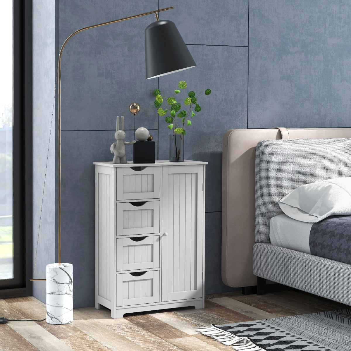 Mobiletto per bagno con 4 cassetti 1 anta ripiano regolabile, Mobile multiuso da terra in legno 56x30x82cm Bianco-Armadietti da bagno