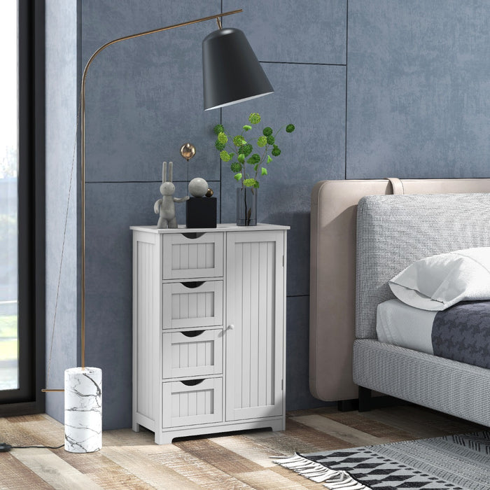 Mobiletto per bagno con 4 cassetti 1 anta ripiano regolabile, Mobile multiuso da terra in legno 56x30x82cm Bianco-Armadietti da bagno
