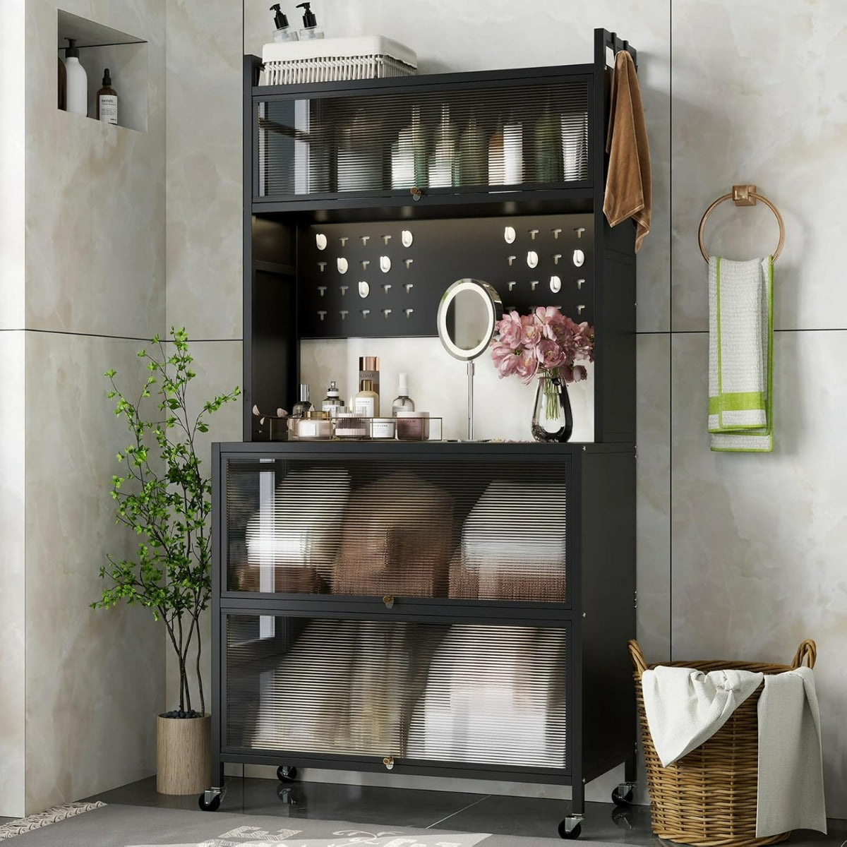 Mobile da cucina rete a 5 ripiani supporto microonde ante a ribalta-Mobile da cucina pannello con ganci Nero