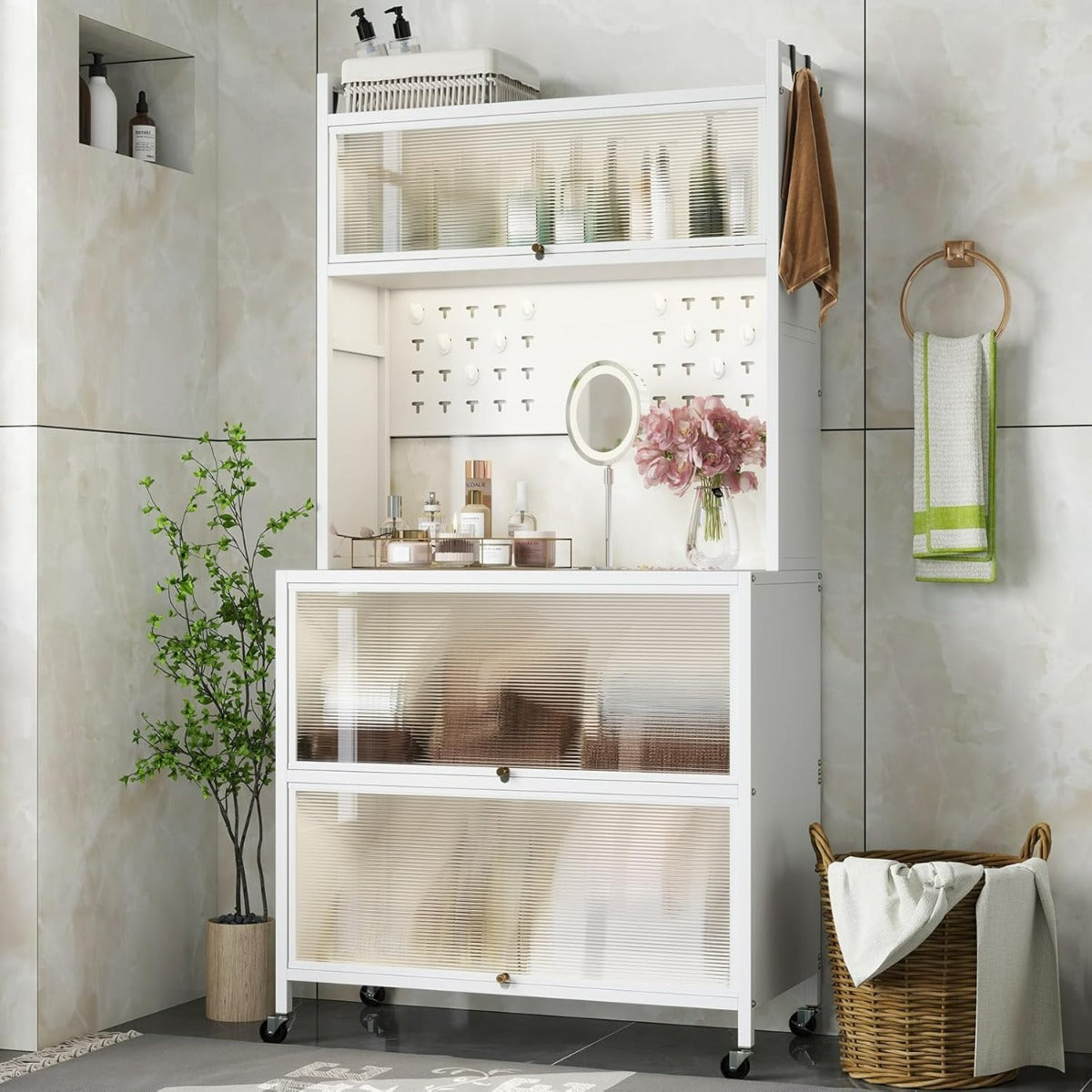 Mobile da cucina rete a 5 ripiani supporto microonde ante a ribalta-Mobile da cucina pannello con ganci Bianco