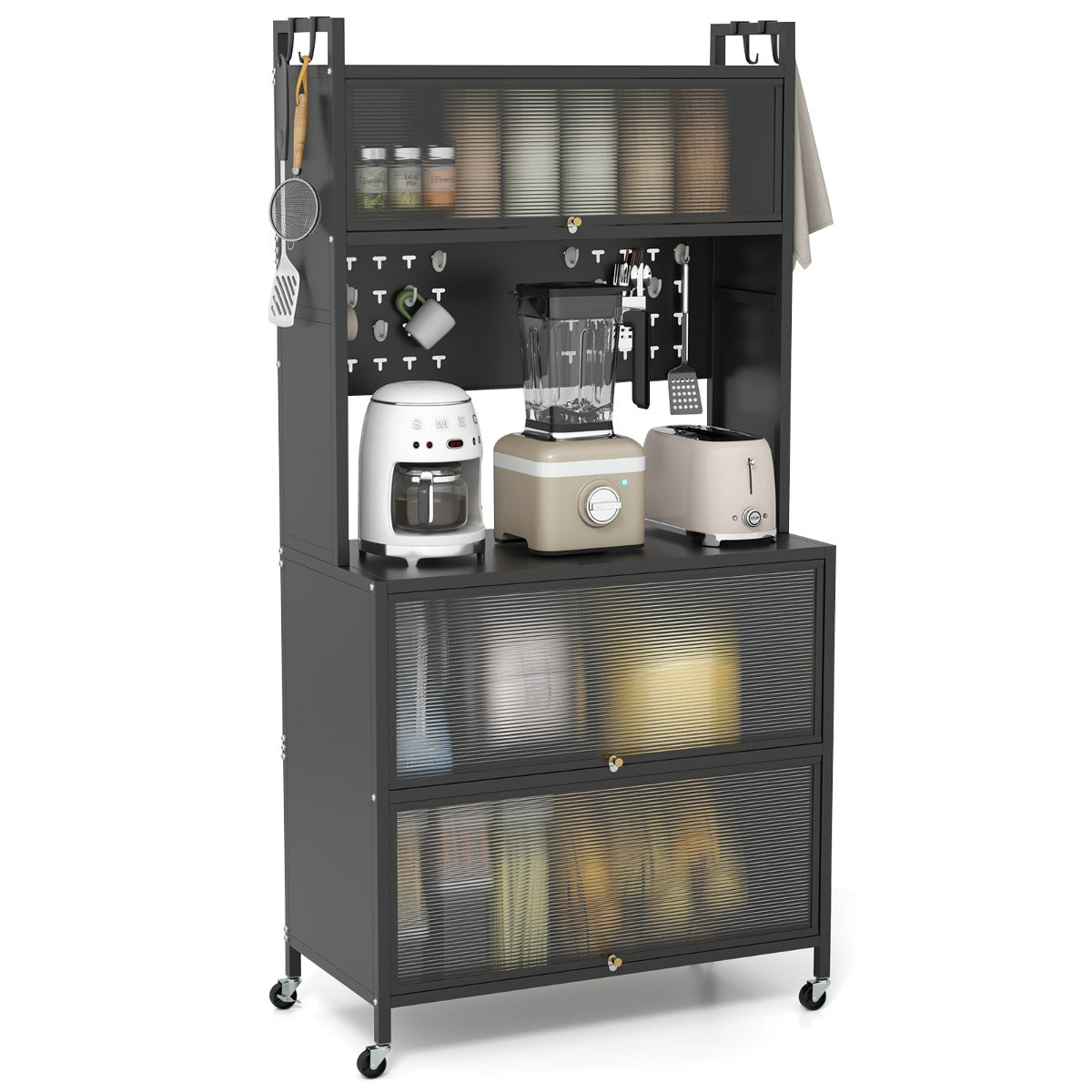 Mobile da cucina rete a 5 ripiani supporto microonde ante a ribalta-Mobile da cucina pannello con ganci Nero