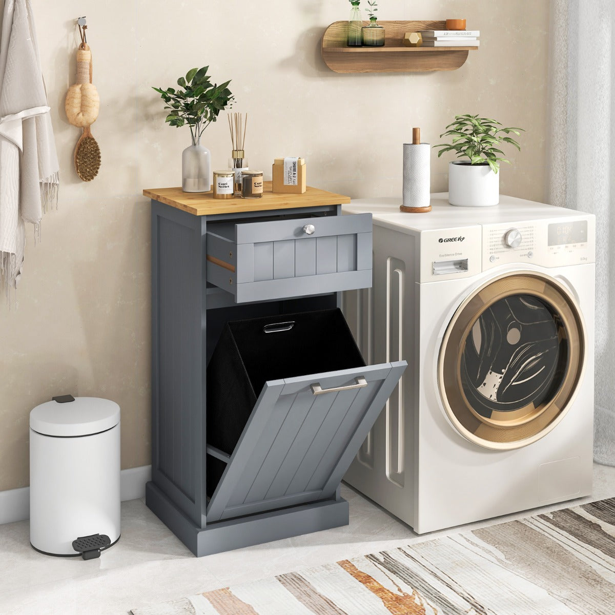 Mobiletto per lavanderia con cesto, Cesto per biancheria a ribalta autoportante con cassetto 40x37x82cm Grigio-Cesti del bucato