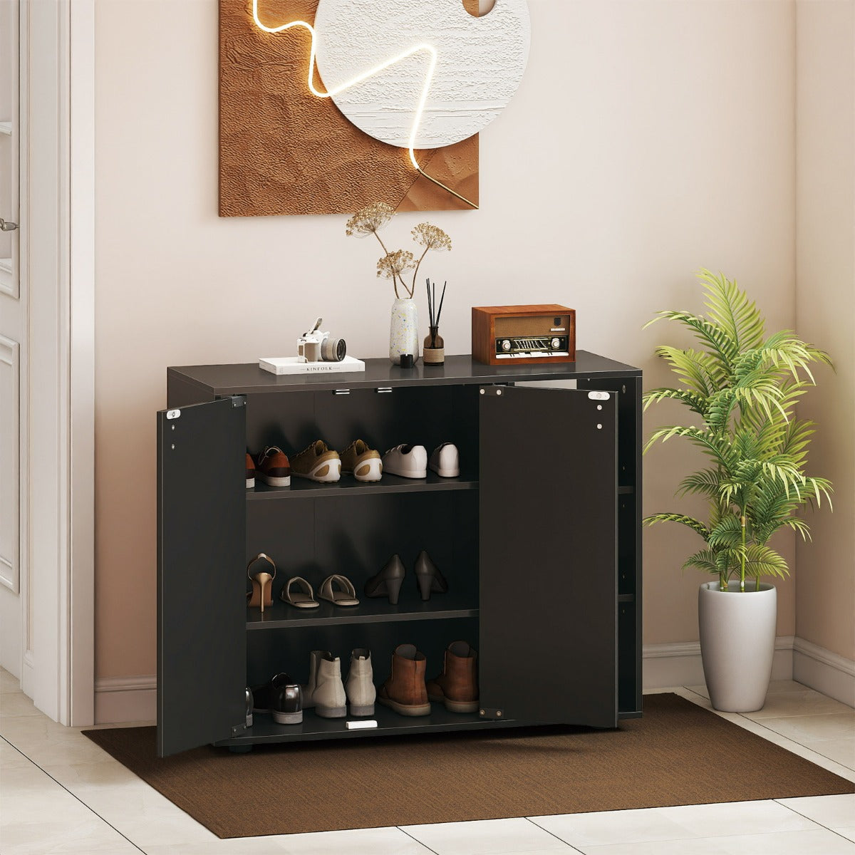 Mobiletto per scarpe con ante in legno autonomo per ingress-Scaffale porta scarpe a 3 ripiani con mensole regolabili Nero