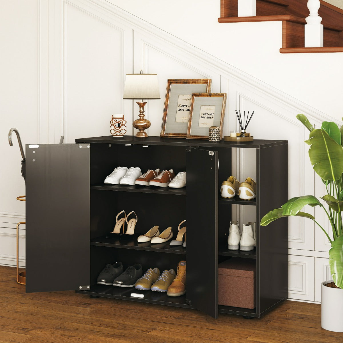 Mobiletto per scarpe con ante in legno autonomo per ingress-Scaffale porta scarpe a 3 ripiani con mensole regolabili Nero