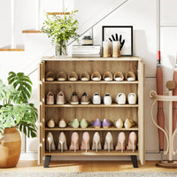 Mobiletto scarpe a 4 ripiani in legno stile farmhouse per ingresso, Organizer con 2 ante con porta a persiana e ripiani rimovibili-Scarpiere