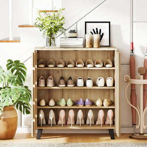 Mobiletto scarpe a 4 ripiani in legno stile farmhouse per ingresso, Organizer con 2 ante con porta a persiana e ripiani rimovibili-Scarpiere