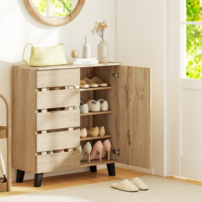 Mobiletto scarpe a 4 ripiani in legno stile farmhouse per ingresso, Organizer con 2 ante con porta a persiana e ripiani rimovibili-Scarpiere