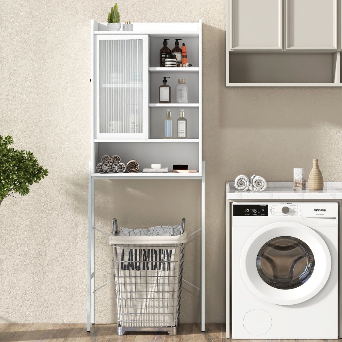 Mobiletto sopra il water con anta scorrevole in acrilico e struttura metallica-Mobile per bagno lavanderia Bianco