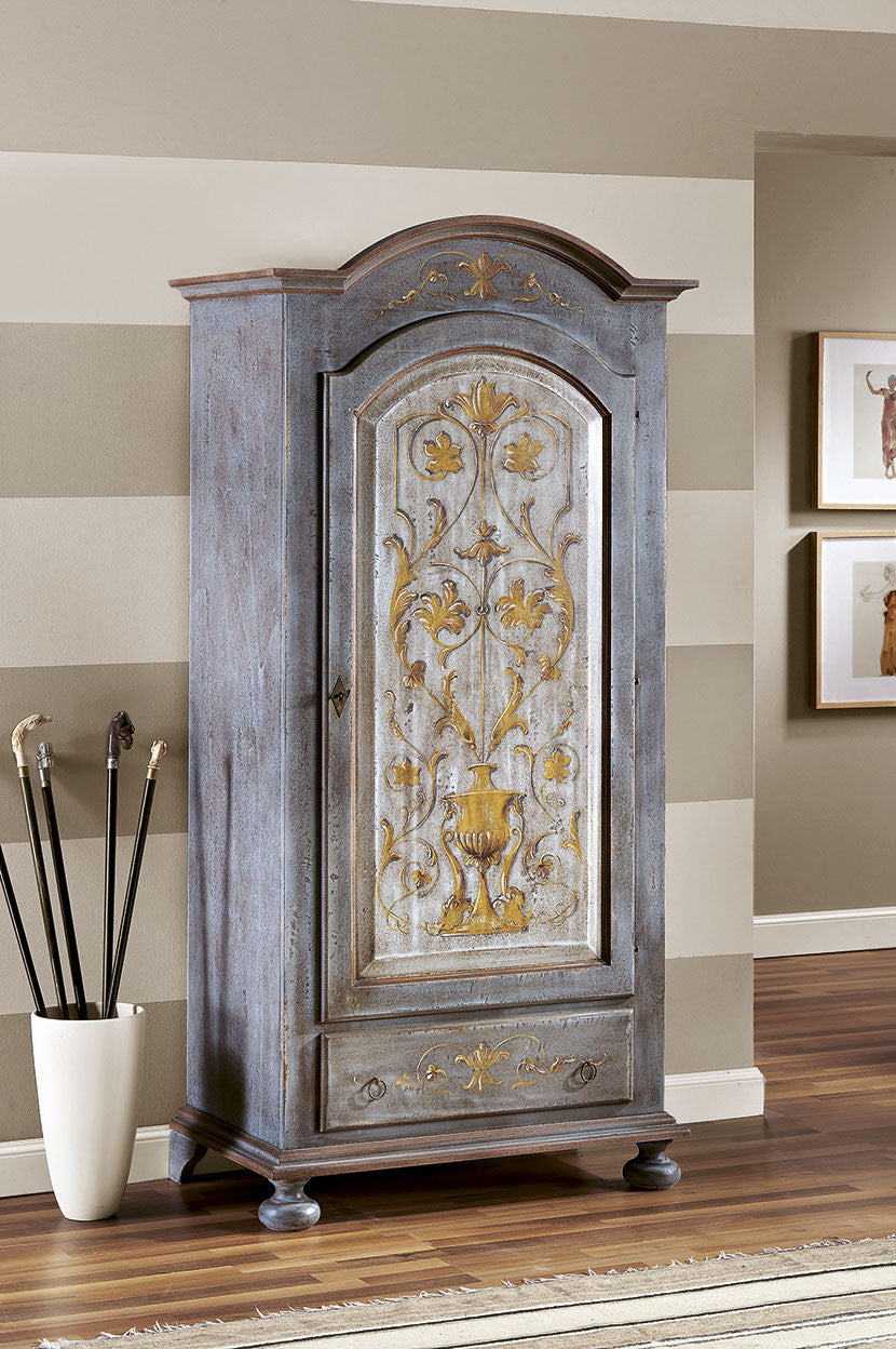 Armadio 1 porta legno shabby azzurro cenere decorato 96x56x196 (1419) - Mobili 2G