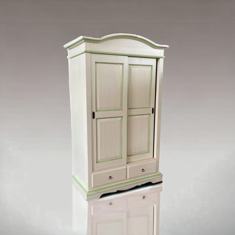 Armadio 2 ante scorrevoli legno shabby avorio anticato filo verde 122x59x200 - Mobili 2G