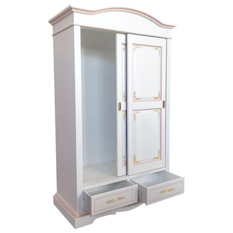 Armadio 2 ante scorrevoli legno shabby bianco decorato filo rosa 122x59x200 - Mobili 2G