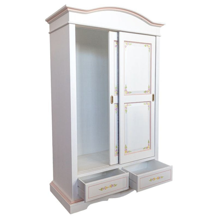 Armadio 2 ante scorrevoli legno shabby bianco decorato filo rosa 122x59x200 - Mobili 2G
