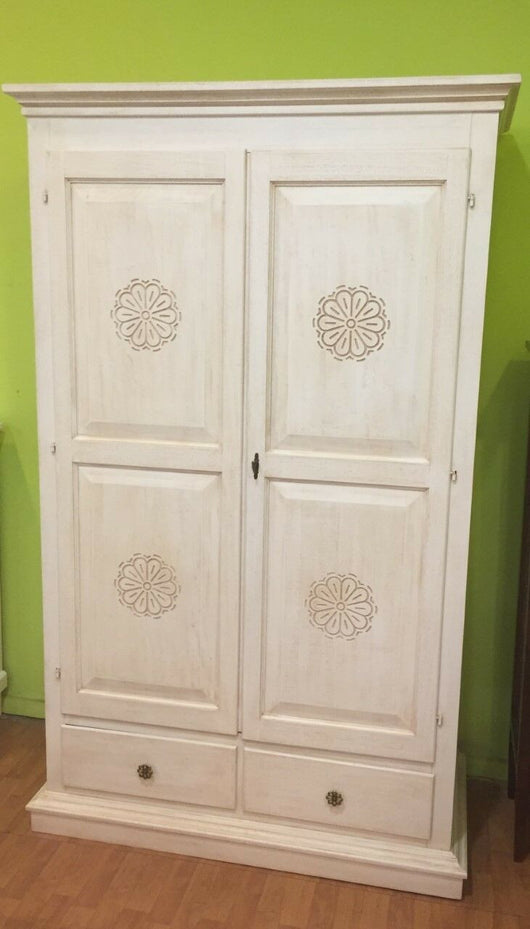 Armadio 2 porte legno shabby bianco invecchiato con decori 125x61x200 - Mobili 2G