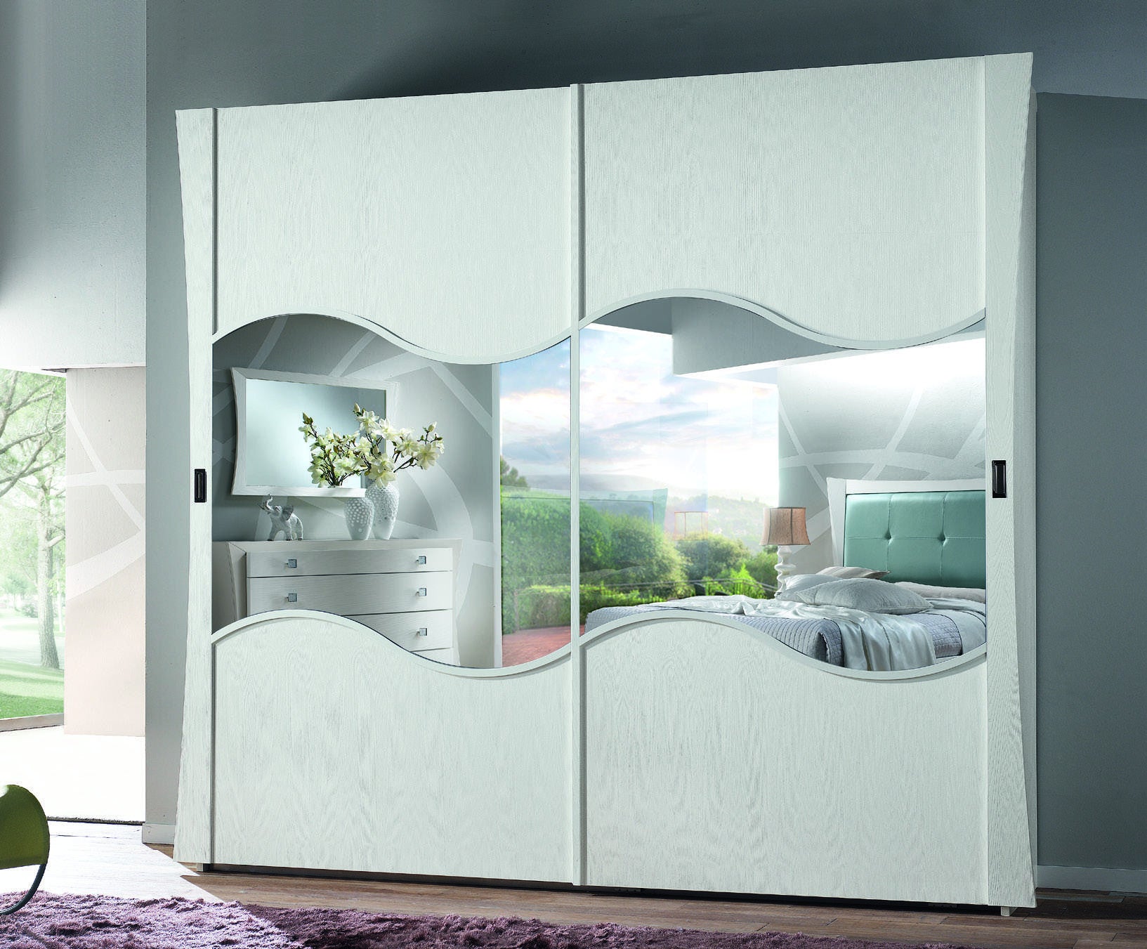 Armadio 2 porte scorrevoli specchio moderno in legno frassino bianco 287x67x258 - Mobili 2G