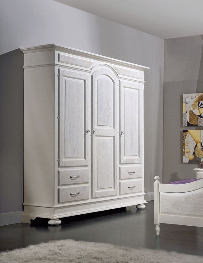 Armadio 3 porte 4 cassetti legno shabby bianco spazzolato 184x60x223 (2206) - Mobili 2G