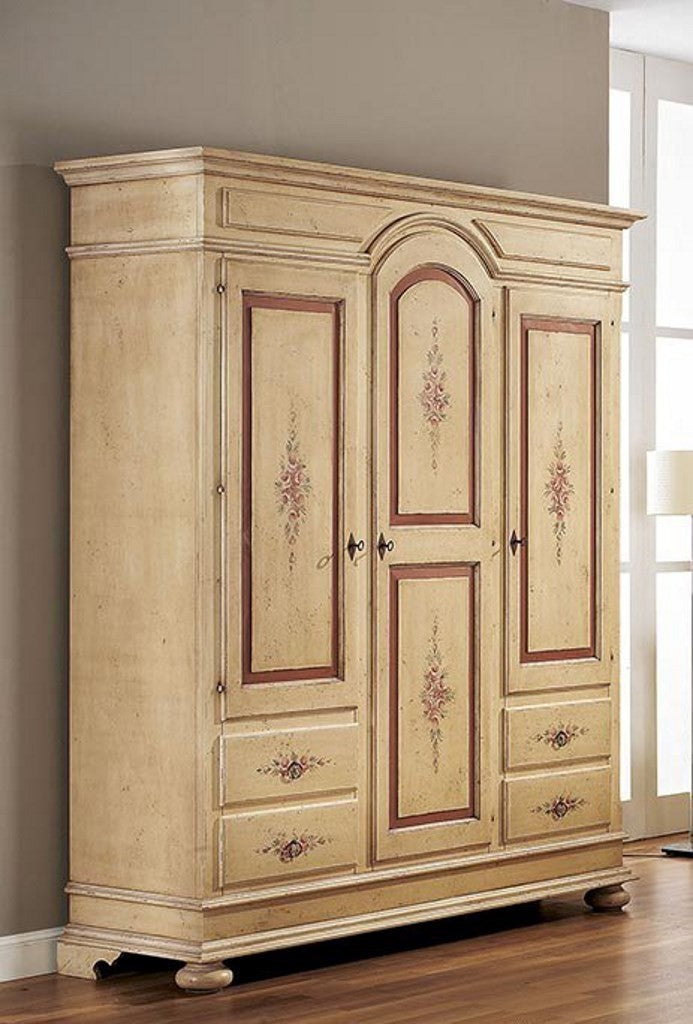Armadio 3 porte arte povera in legno avorio e rosso anticato 184x60x223 (1421) - Mobili 2G