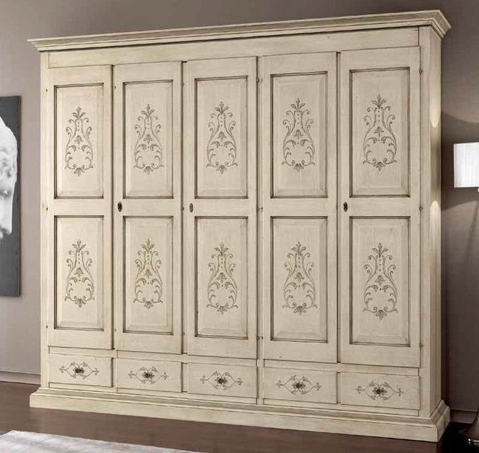 Armadio 5 porte classico in legno avorio shabby 254x61x240 (687) - Mobili 2G
