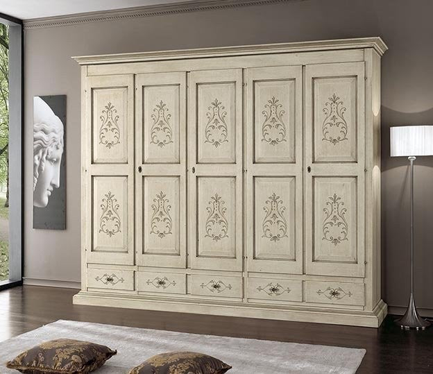 Armadio 5 porte classico in legno avorio shabby 254x61x240 (687) - Mobili 2G