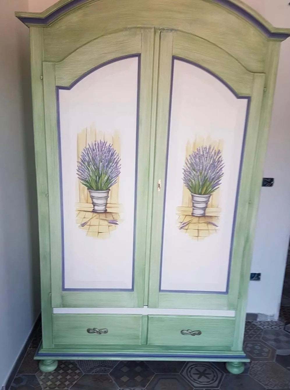 Armadio arte povera legno bianco verde salvia 125x61x200 - Mobili 2G