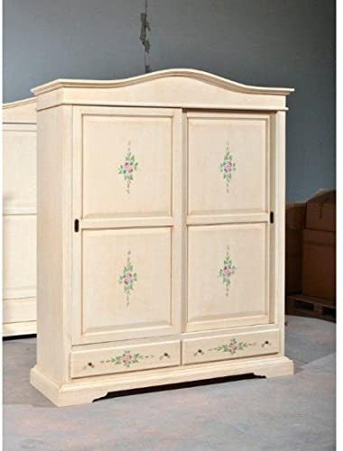 Armadio classico 2 ante scorrevoli avorio pennellato con decori 180x67x225 - Mobili 2G