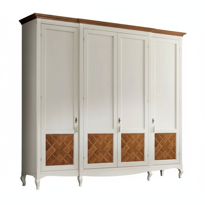 Armadio classico 4 porte intarsiate legno bicolore shabby 286x65x255 - Mobili 2G