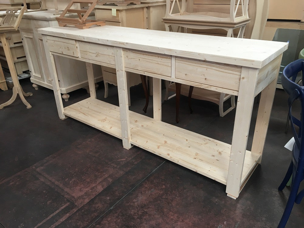 Bancone 4 cassetti 1 ripiano in legno classico grezzo l.200 p.50 h.90 (3326) - Mobili 2G