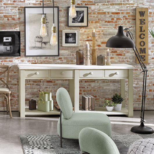 Bancone 4 cassetti 1 ripiano shabby grigio in legno massello 200x50x90 - Mobili 2G