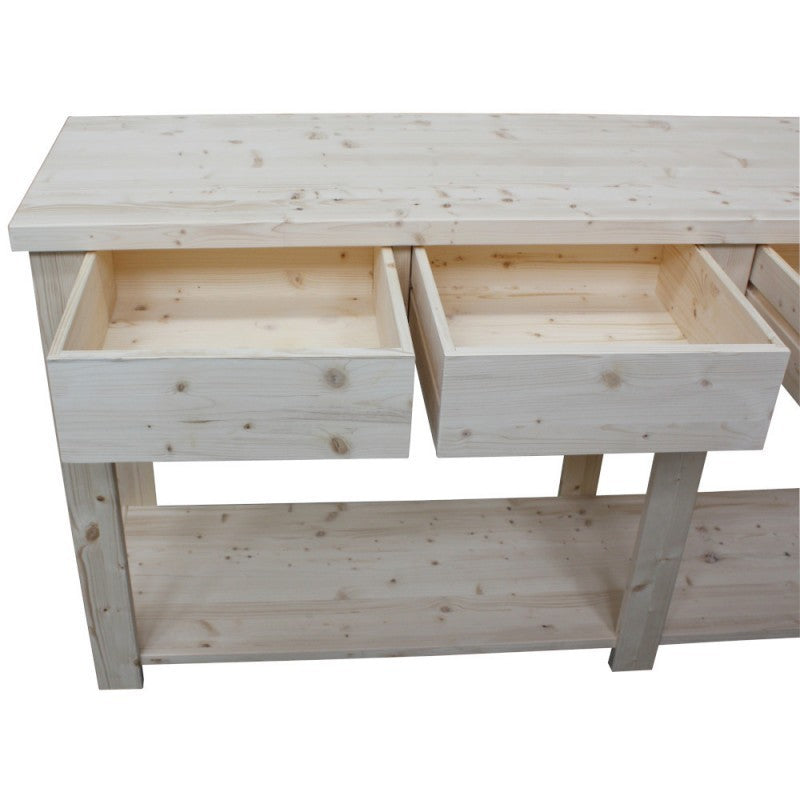 Bancone 4 cassetti 2 ripiani shabby verde in legno massello 200x50x105 - Mobili 2G