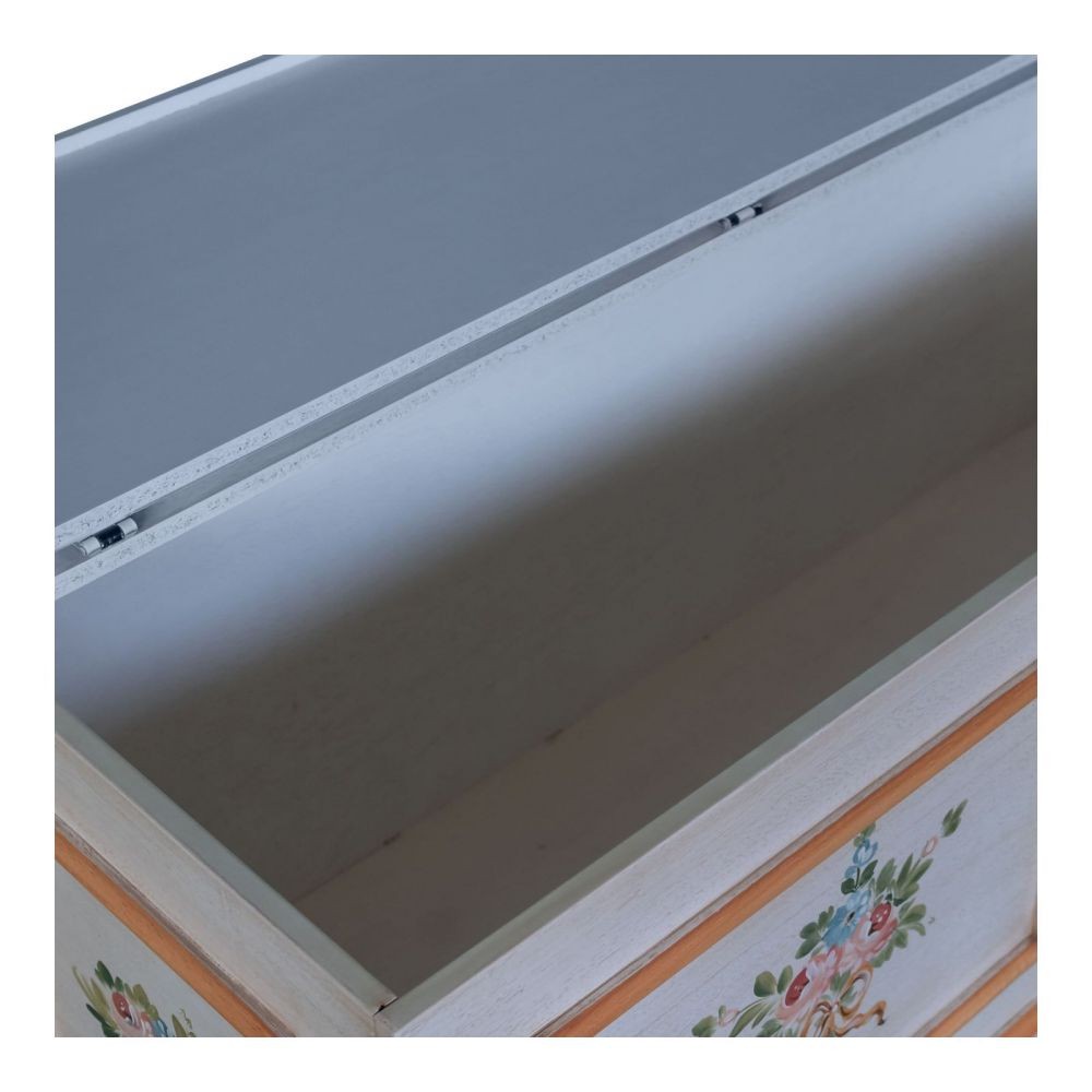 Cassapanca in legno shabby bianco anticato decoro filo arancione 116,5x40,5x46 - Mobili 2G